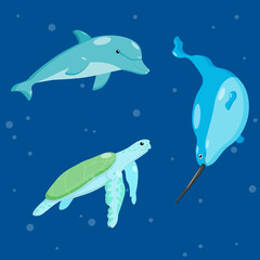 Obraz na płótnie Canvas Cartoon characters turtle, dolphin and narwhal swim in sea on blue background, vector isolated.