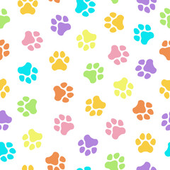 Obraz na płótnie Canvas Seamless pattern. Dog paw. Vector illustration. Colorful paws ob white background. Texture for print, textile, fabric.