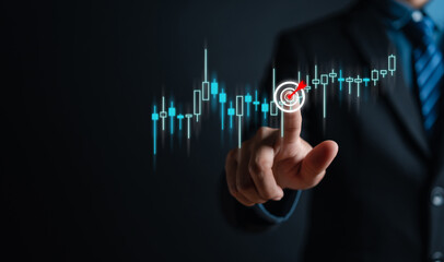 Business target planning and strategy, Stock market, Business growth, progress or success concept. Businessman or trader is showing a growing virtual hologram stock, invest in trading
