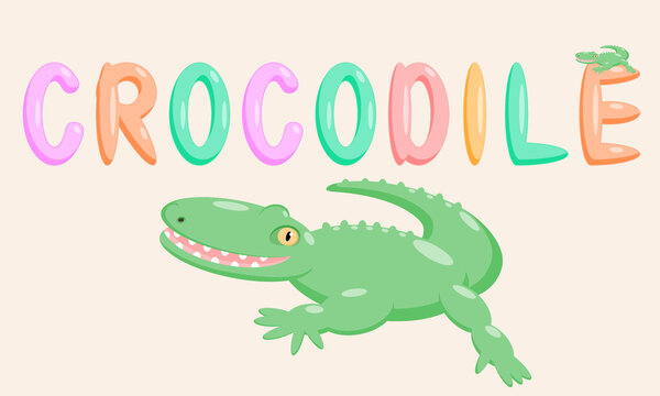 Cartoon crocodile character of an educational nature with the name of the animal. Isolated vector illustration.
