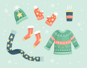 Winter clothes collection. Warm and cozy elements.