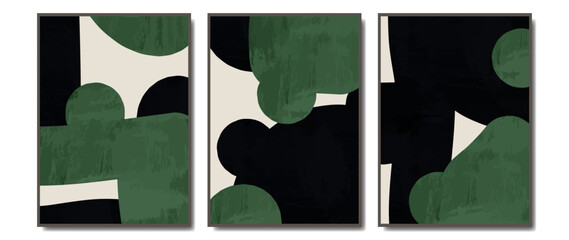 Set of abstract wall art templates. Modern design on a white background with black and green paint, line art and texture. Design for wall decoration, interior, prints, covers and postcards.