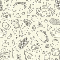 Seamless pattern with  latin american, mexican food. Cuisine mexicaine. Linear graphics. Hand drawn outline vector sketch illustration. Black on white background. 