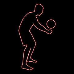 Neon volleyball player hits the ball with bottom silhouette side view attack ball icon red color vector illustration image flat style