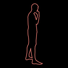 Fototapeta premium Neon thinking man standing silhouette pensive person side view icon red color vector illustration image flat style