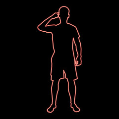 Neon man pointing at the temple with a finger silhouette front view need thinking concept icon red color vector illustration image flat style