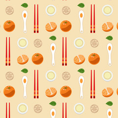 Seamless pattern for new Chinese year, food, tangerines, tea.