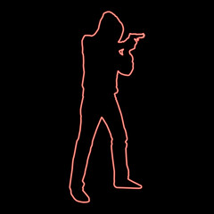 Fototapeta na wymiar Neon man in the hood with gun concept danger short arm icon red color vector illustration image flat style