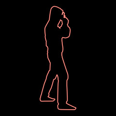 Neon man in the hood with gun concept danger short arm near head icon red color vector illustration image flat style