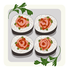 set of traditional Chinese sushi with salmon. festive food for Chinese new year. Menu design, packaging, background, wallpaper, cover, card, banner, post.