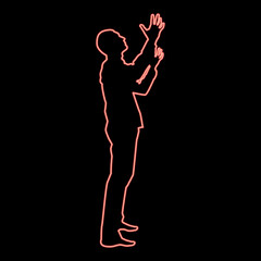 Neon man is turning to heaven man up arm appeal to god pray concept silhouette icon red color vector illustration image flat style