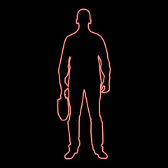 Naklejka premium Neon businessman with briefcase man with a business bag in his hand silhouesse front view icon red color vector illustration image flat style