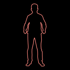 Neon man took out his empty pockets businessman has not money silhouette concept icon red color vector illustration image flat style