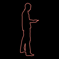 Neon man passes the card business pay credit card silhouette icon red color vector illustration image flat style