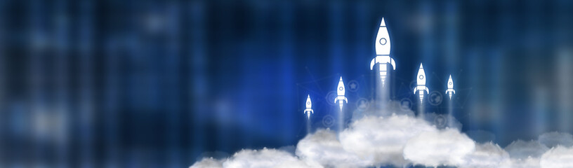 Rockets flying over clouds. Business Startup