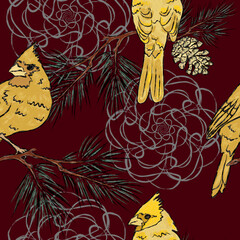seamless vector pattern, yellow cardinals on pine branches, gray pattern, burgundy background