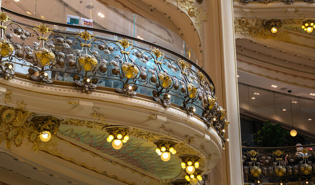 Paris, France - July 17th 2022: Amazing work,  wrought iron fence in the gallery Lafayette, floral pattern
