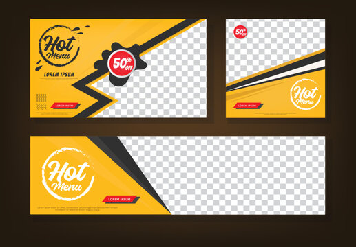 SET OF FOOD BANNER TEMPLATE IN YELLOW AND BLACK COLOR STYLE. SUITABLE FOR RESTAURANT ADS. SOCIAL MEDIA POST TEMPLATE