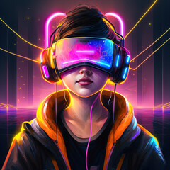 Illustration of person wearing VR headset, cyberpunk vibe.