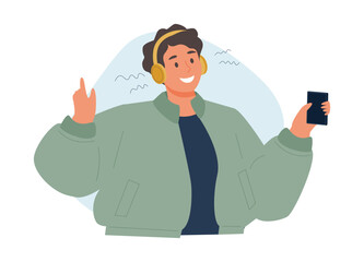 A man listens to music on the phone through headphones. Vector illustration in cartoon style