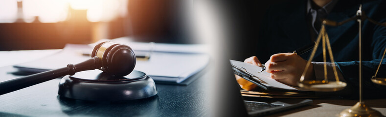 Business and lawyers discussing contract papers with brass scale on desk in office. Law, legal services, advice, justice and law concept picture with film grain effect