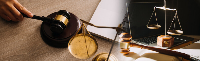 Business and lawyers discussing contract papers with brass scale on desk in office. Law, legal services, advice, justice and law concept picture with film grain effect