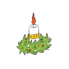 A white candle decorated with ginger cookies and a spruce branch. An element of Christmas and New Years design. Vector