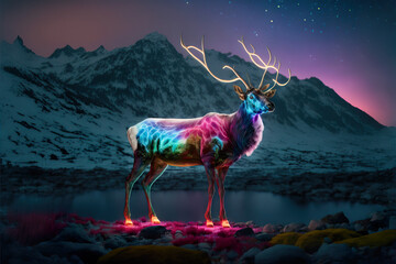 A powerful beautiful wild animal under a neon light starry sky in the mountains. Christmas reindeer with big antlers. Winter night, illustration.