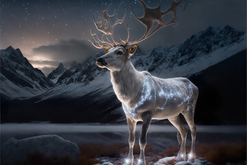 A powerful beautiful wild animal under a starry sky in the mountains. Christmas reindeer with big antlers. Winter night, illustration.