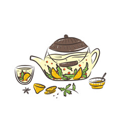 Top view of a cup of tea. Herbal tea with lemon and honey. Vector cartoon illustration.