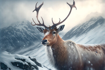 A powerful beautiful wild animal on a foggy cloudy snowy day in the mountains. Christmas reindeer with big antlers. Winter day, illustration.