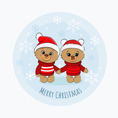 Cute cartoon bears isolated on blue background. Christmas card with teddy bears.Vector illustration