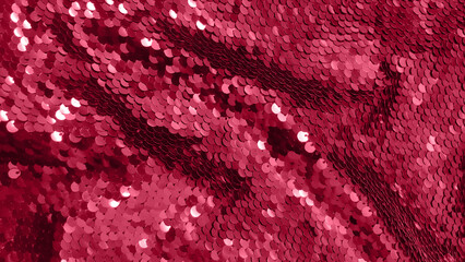 Viva Magenta diagonal glitter sparkles textile. Abstract shiny pattern. Copy space. Banner. Trending color of 2023 - Viva Magenta. - obrazy, fototapety, plakaty