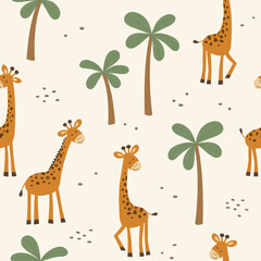 Seamless pattern with giraffe and palm. Vector illustration. © Nataliia Pyzhova