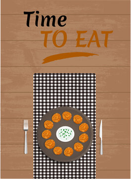 Middle Eastern cuisine - falafel on a napkin with cutlery on wooden table. Inscription - time to eat. Template for restaurant, advertising, website, banner, Vector illustration of arabic food top view