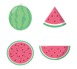 Set of watermelon flat cartoon vector illustration. Vegetarian and ecology food. Healthy food. Sweet water melon. Tropical fruits. White background