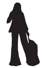 Vector illustration with black silhouette of female figure in winter clothes and with trolley for travel