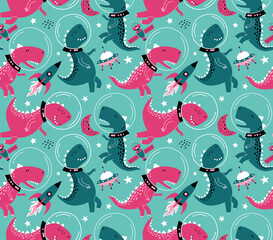 Seamless pattern with cute dinosaurs in space.  Fabric design. Wallpaper. Space dinosaurs. Lizard. © andin