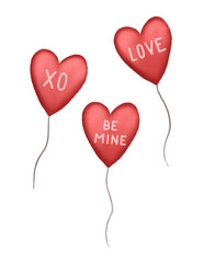 Red balloons in the form of a heart with inscriptions love, be mine, xo