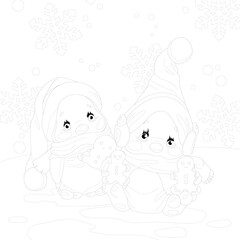 Cute cartoon penguins in Christmas hats and scarf with gingerbread man cookies sketch template. Vector illustration in black and white for game, pattern, decor. Coloring paper, page, story book, print