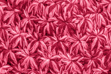 Trendy color of the year 2023. Texture of the knitted fabric toned in viva magenta color. Crochet from yarn, handmade. A pattern asterisks or snowflakes