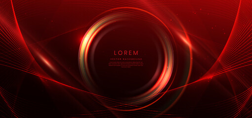 Abstract technology futuristic neon circle glowing red light lines with speed motion blur effect on dark red background.
