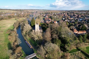 St Lawrence's Church Hungerford town and canal England aerial drone footage .