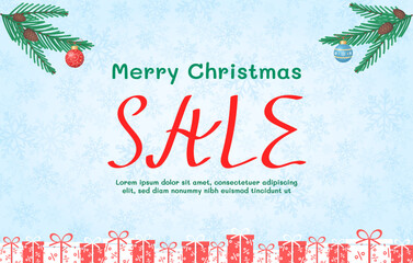 Obraz na płótnie Canvas Merry Christmas sale 2023. Christmas sale banner with gifts boxes, fir branches, winter background.