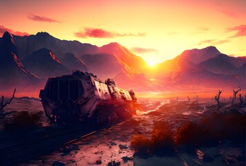 Post apocalyptic sunset over the mountains - Mad Max landscape