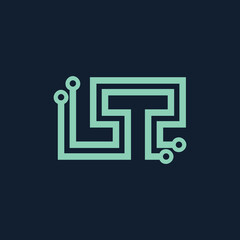 Letter LT logo with circuits concept