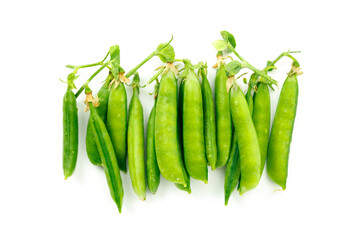 Young sweet pods of green peas on a white background.