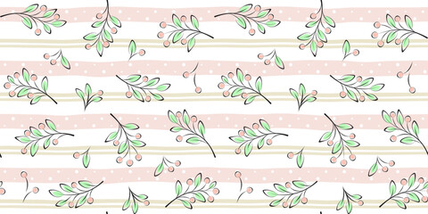 Twigs, branches with berries and leaves on a soft striped background. Summer plant endless texture. Vector seamless pattern for wrapping paper, packaging, giftwrap, cover, surface texture and print