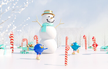 Christmas ball avatars join in virtual Winter Christmas forest party event. Metaverse virtual event concept. 3d rendering.