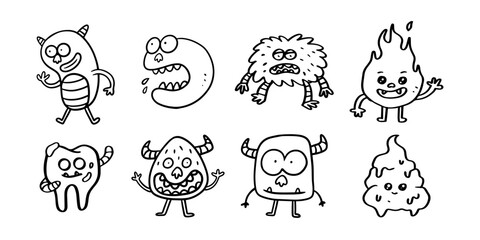 Set of cute monster hand drawn line art illustration for ornament and design element